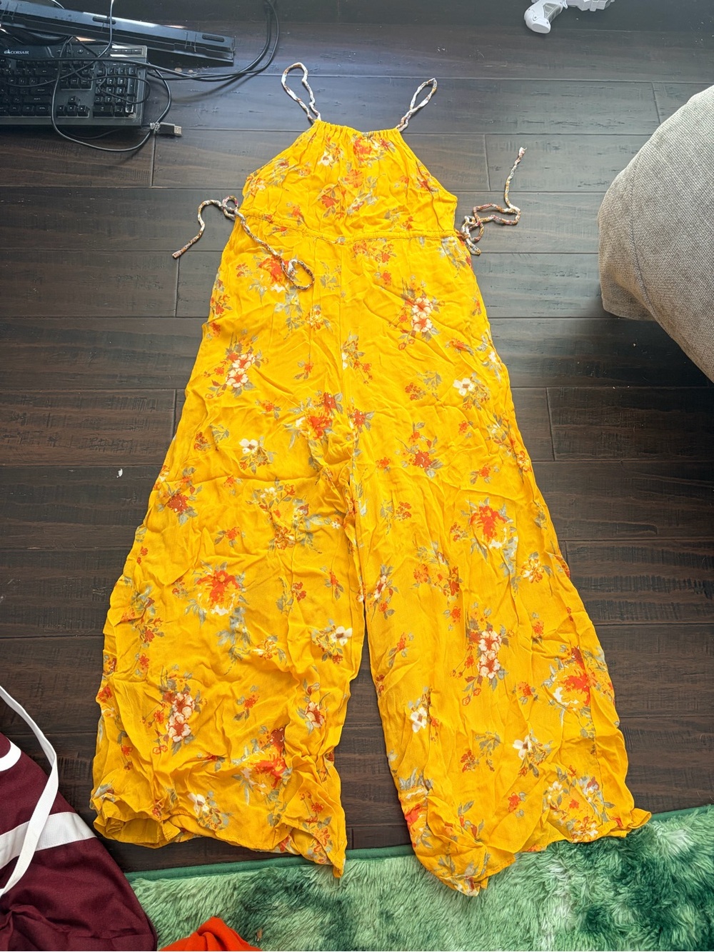 Floral Halter Wide-Leg Jumpsuit Mustard Yellow Free People Georgia Jumper Gold - Picture 6 of 8